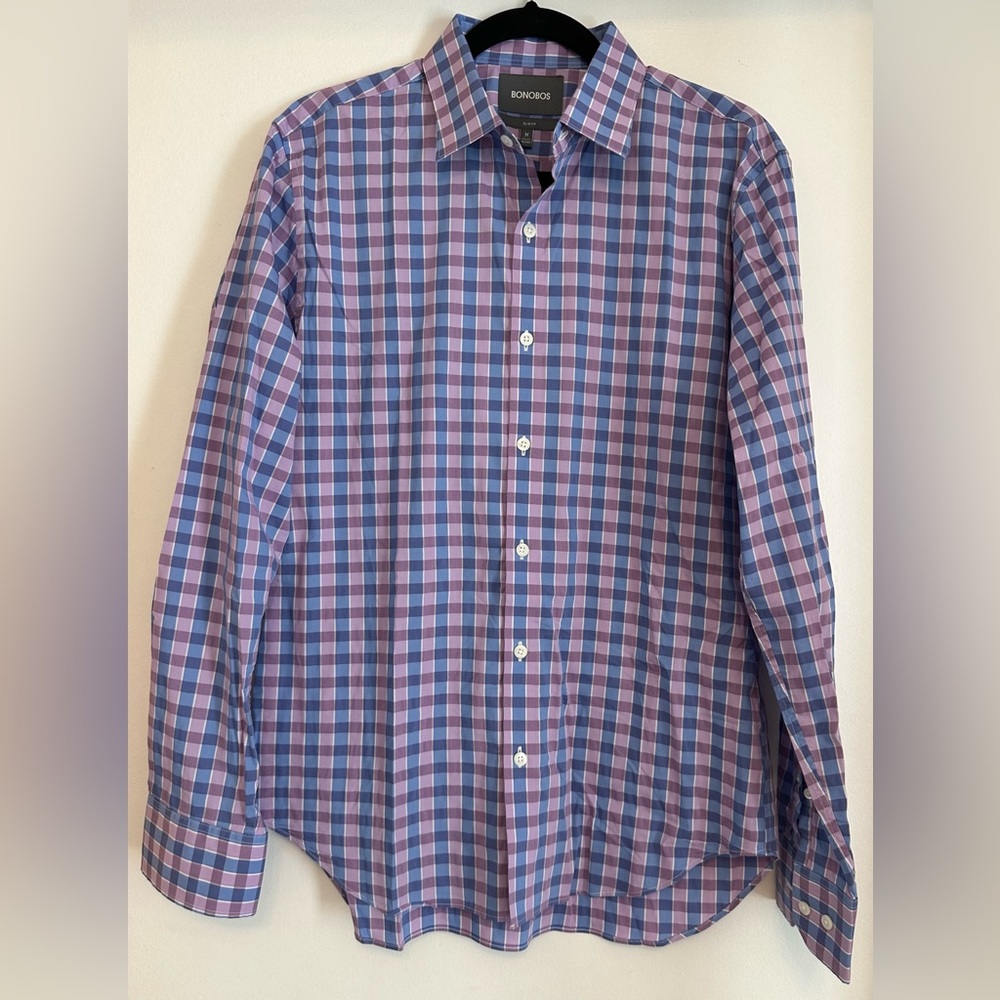 Bonobos Slim Fit Button Down Shirt, Light Purple and Blue Check, Medium